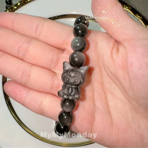 Silver Obsidian Bracelet With Kuromi 10mm - Picture 3 of 4